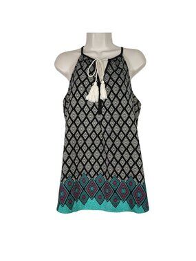 Signature Studio Black Green Sleeveless Tank Top Size XL Tassel Tie Keyhole